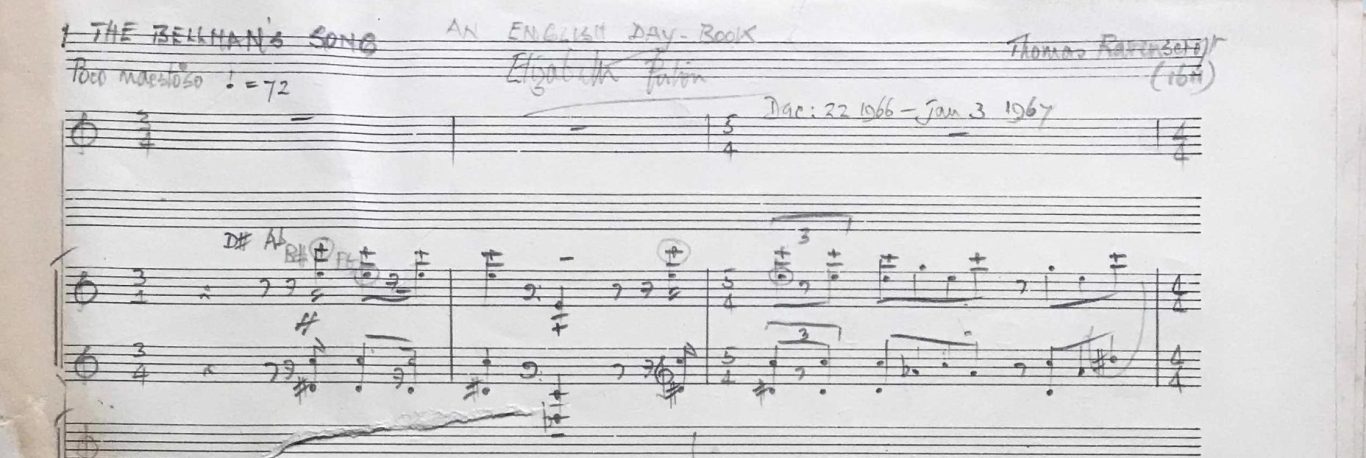 The first line of manuscript of An English Day Book, written in pencil by Elizabeth Poston. It was written in the md 1960s
